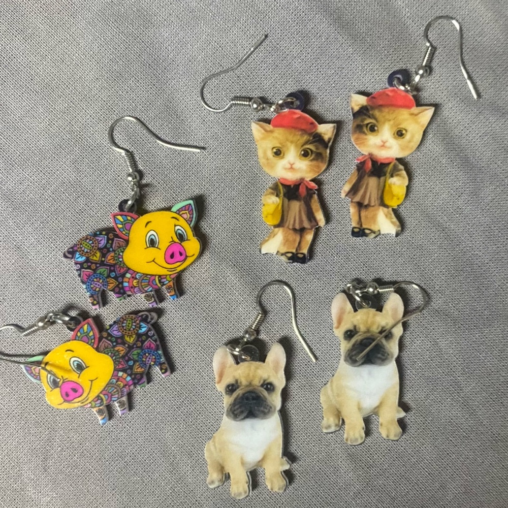 Cute Pig, Bulldog, Cat Acrylic 3 Pair Earring Lot